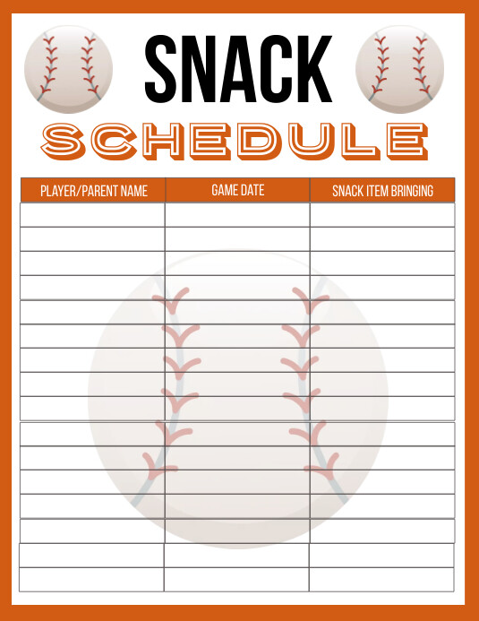 Printable Baseball Snack Schedule Pamflet (Letter AS) template