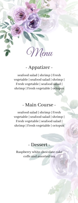 Printable Bridal Shower Menu, Floral Menu, Half Page Letter template