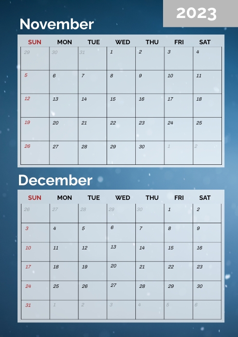 Printable calendar template november december A4