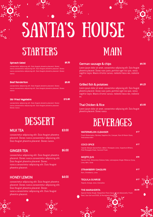 Printable Christmas Restaurant Menu Design Template