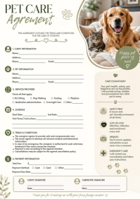 Printable Editable A4 Pet Care Agrement Fillup Form Template