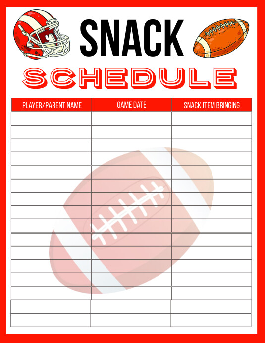 Printable Football Snack Schedule Løbeseddel (US Letter) template