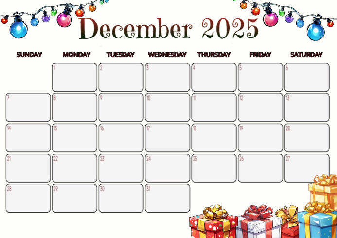 Printable Illustrative December 2025 Calendar A4 template