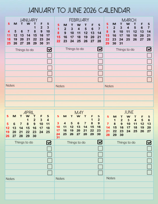 Printable January to June 2026 Calendar เทมเพลต | PosterMyWall