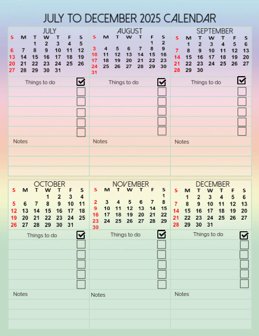 Printable July to December 2024 Calendar Folheto (US Letter) template