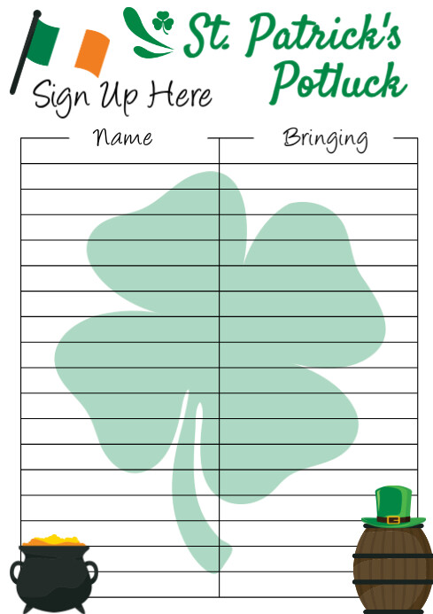 Printable St Patrick's Day Potluck Sign Up Form Template | PosterMyWall