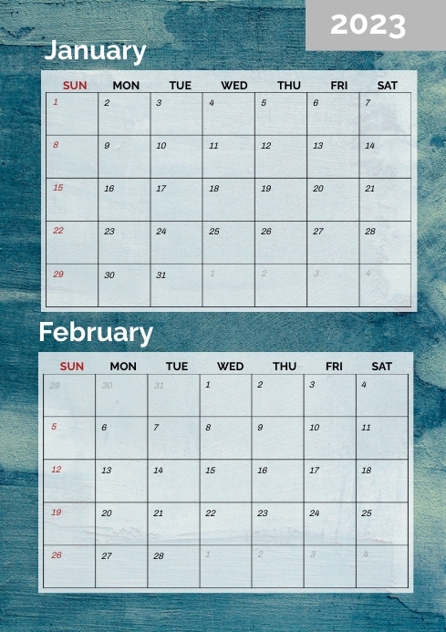 Printable two month calendar january february A4 template