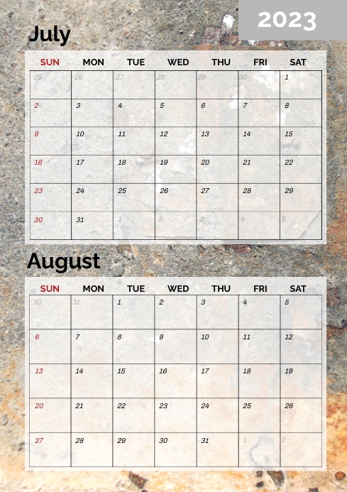 Printable two month calendar july august A4 template