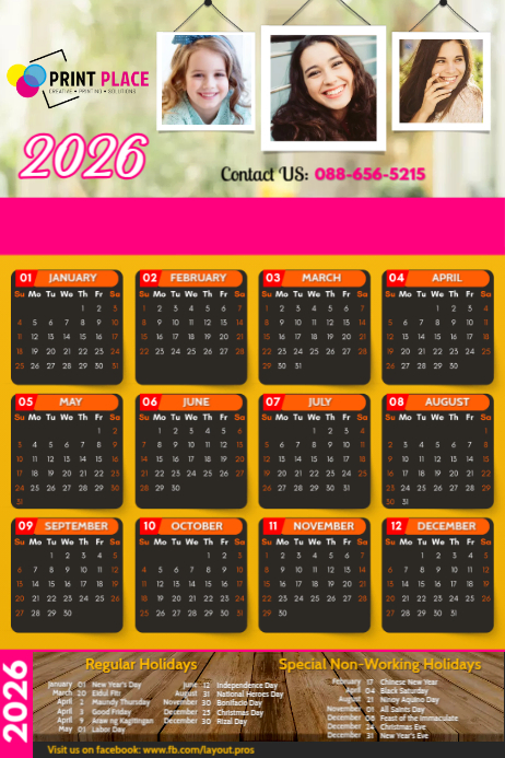Printing Calendar 2026 Iphosta template