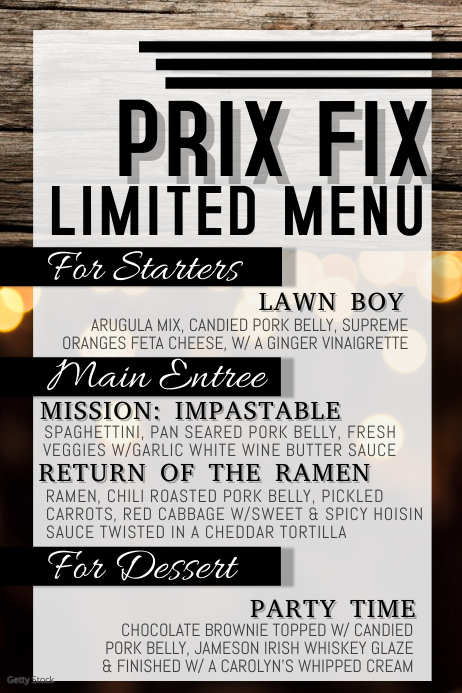 PRIX FIX FOOD MENU LIMITED MENU Plakat template