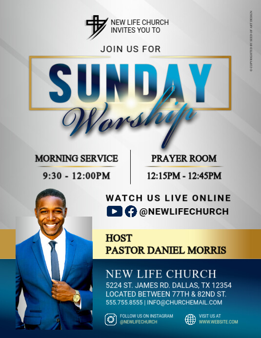 Professional Blue & Gold Sunday Worship Invitation Church Flyer ...