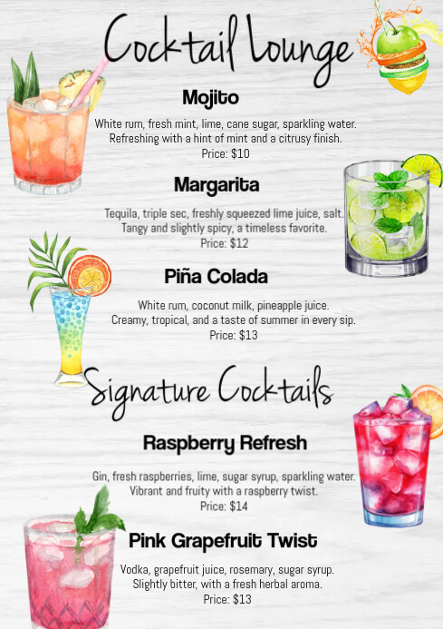 Professional Cocktail Drinks Juice Bar Menu A4 template