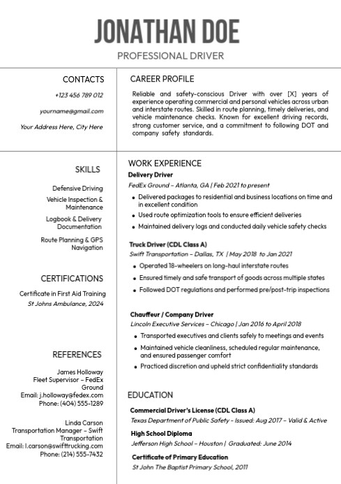Pro Driver Resume Examples Professional Driver resume CV A4 Template | PosterMyWall