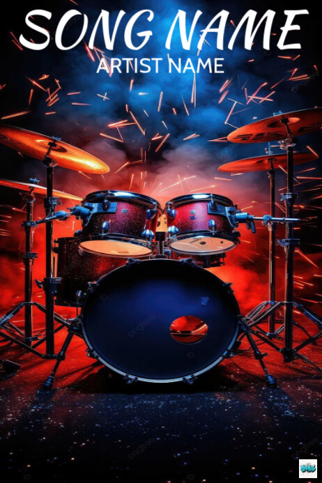 Professional Drum Set Under Red Lights Music Song Album Cover Art Design Poster template