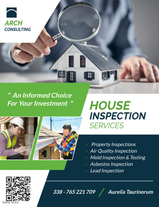 Random Inspection Flyer Professional Green Dark Blue And White Colors Geometric Minimal House ...