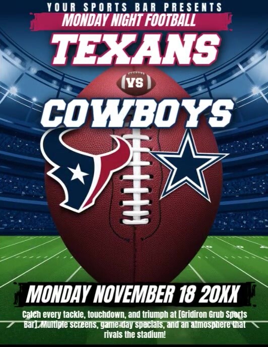 Professional Nfl Football Flyer Cowboys Vs Texans. Monday Night Football Flyer (us Letter) template