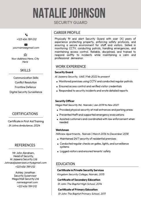 Professional security guard A4 1 page resume template