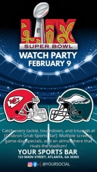 Professional Super Bowl Lix Football Sports Bar Social Media Post.  Eagles. Chiefs  Instagram Story template
