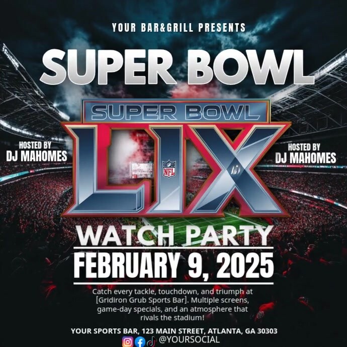 Professional Super Bowl Lix Football Sports Bar Social Media Post. Super Bow. Football Flyer Instagr template