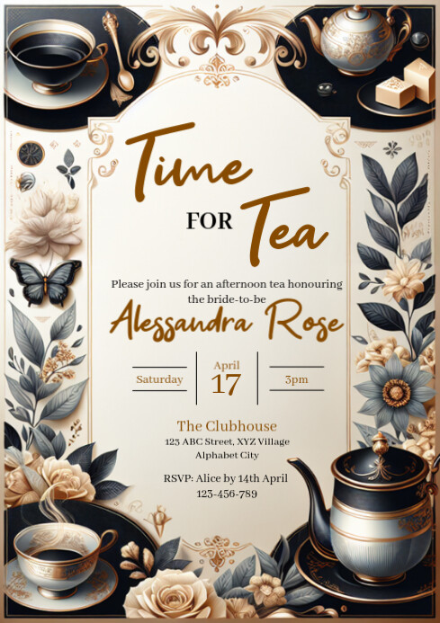 High Tea Invite Professional Professional Tea Party Invitation A4 Template | PosterMyWall