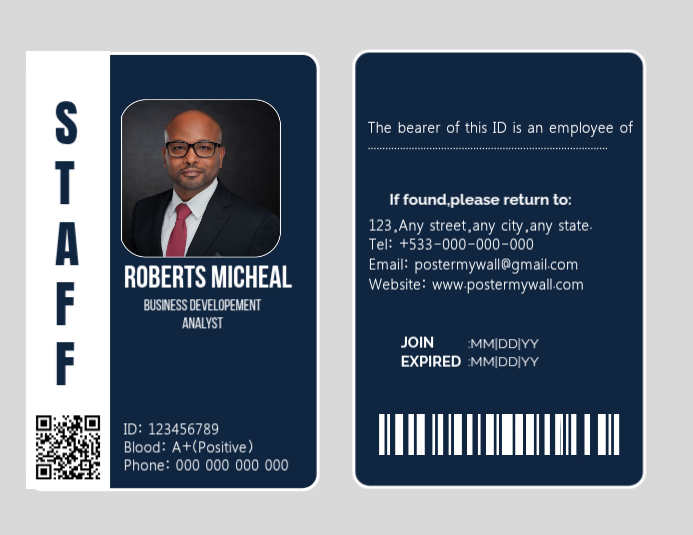 Professional White back and front Id Card Design Template | PosterMyWall