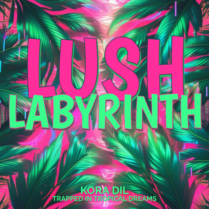 Psychedelic Pop Album Cover Background with Neon Jungle Leaves and Iridescent Fog template