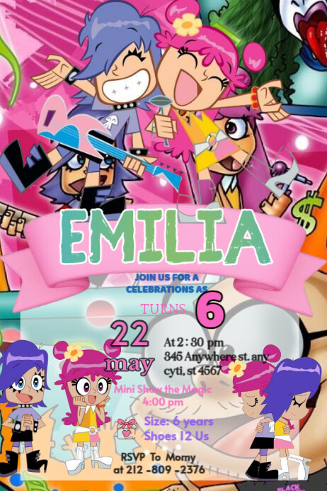 Puffy Amy Yumi Invitation celebration happy Brithday party temple flayer editablet celebration kids Poster template
