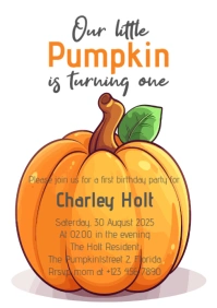 Pumkin turning one birthday invitation A5 template