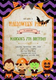 Pumpkin halloween birthday party invitation A6 template
