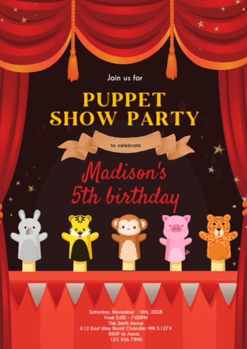 Puppet Show Birthday Party A6 Template | PosterMyWall