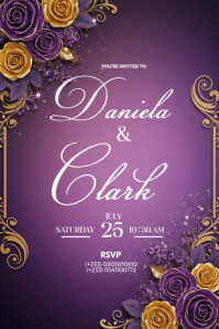 Purple & Gold Floral Wedding Invitation Poster template