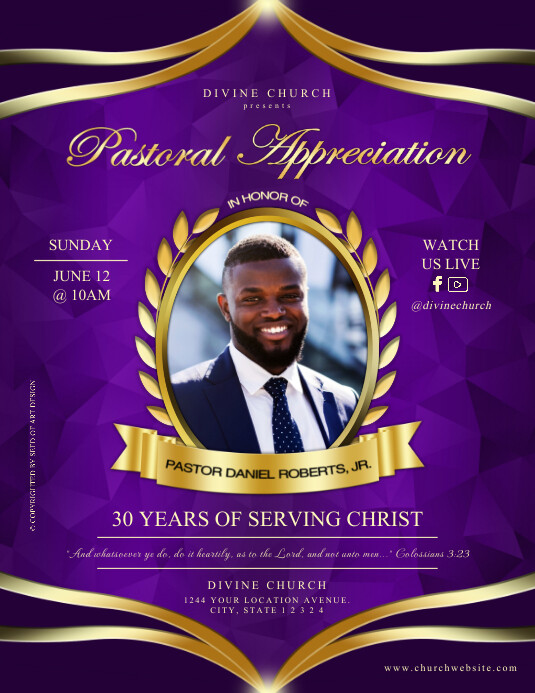 Purple & Gold Pastoral Appreciation Church Se Template | PosterMyWall