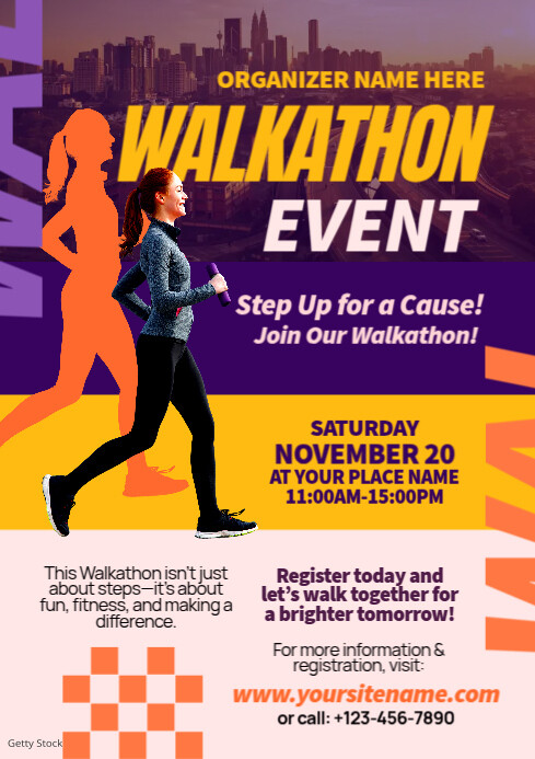 Purple & Yellow Professional Walkathon Event A4 Flyer template