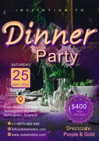 Purple & Gold Dinner party Invitation card A5 template