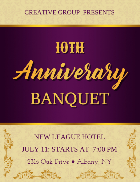Purple & Golden Anniversary Banquet Invitation Flyer template