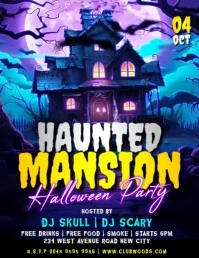 Purple 3d Haunted Mansion House Halloween Scary Ghost Creepy Spooky Castle Fright Night Party Video Flyer (US Letter) template