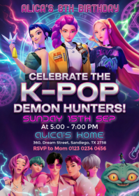 Purple 3d K-pop Birthday Invitation, A6 template