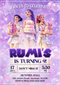 Purple 3d K-pop Birthday Invitation A6 template
