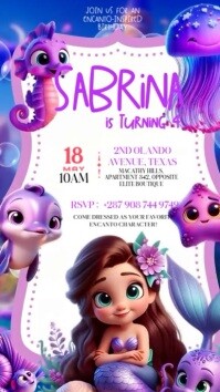 Purple 3D kids Mermaid Happy Birthday Wish Flyer Video Flyer Instagram Reel template