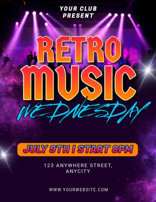 Purple 3d Retro Music Wednesday Pamflet (letter As) Løbeseddel (US Letter) template