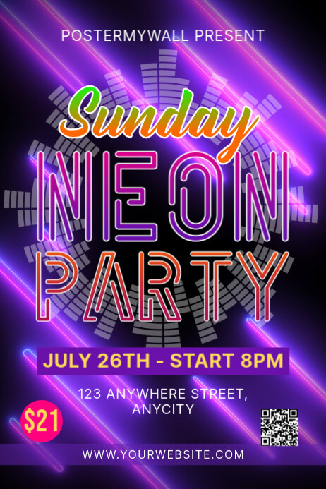 Purple 3d Sunday Neon Party Poster Plakkaat template