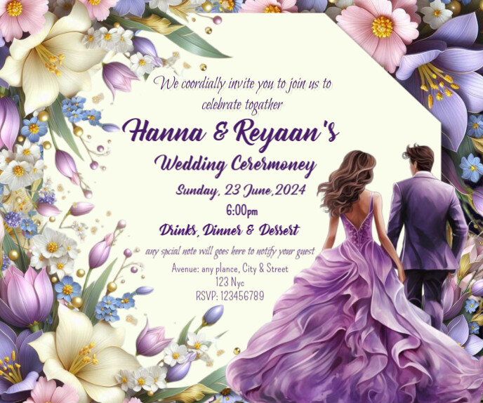 Purple and beige Wedding invitation flyer, We Large Rectangle template