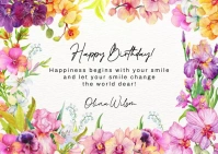 Purple and Pink Floral Happy Birthday Postcar Postal template