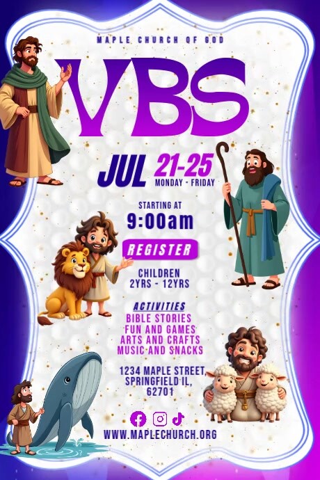 Copy of Purple And White Maximalist Vacation Bible School Poster ...