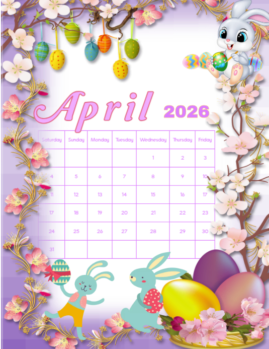 Purple April 2026 Calendar Design Template Flyer | PosterMyWall