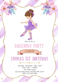 Purple Ballerina birthday party invitation A6 template