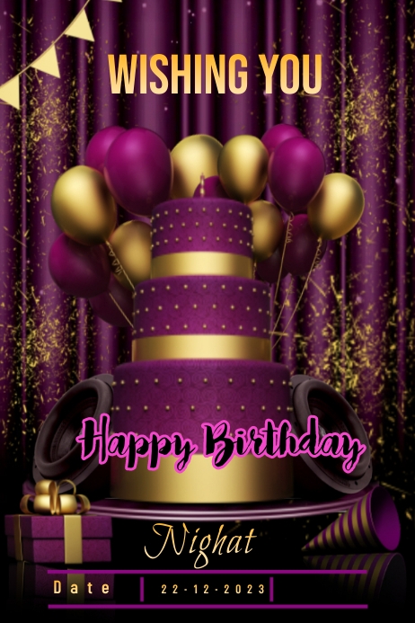 Purple Birthday cake and Balloons Poster template