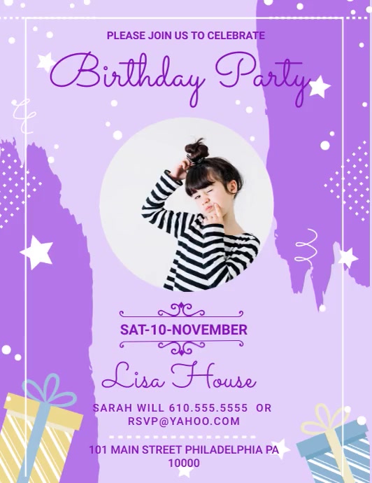 Purple Birthday Party Bash Invitation Slidesh Рекламная листовка (US Letter) template