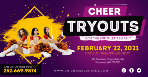 Purple Cheerleader Team Tryout Facebook Post template
