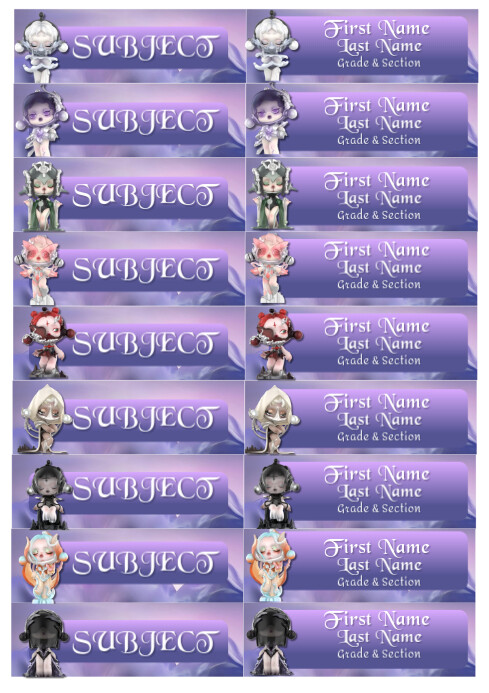 Purple Chibi Character-themed Subject & Name Tags A4 template